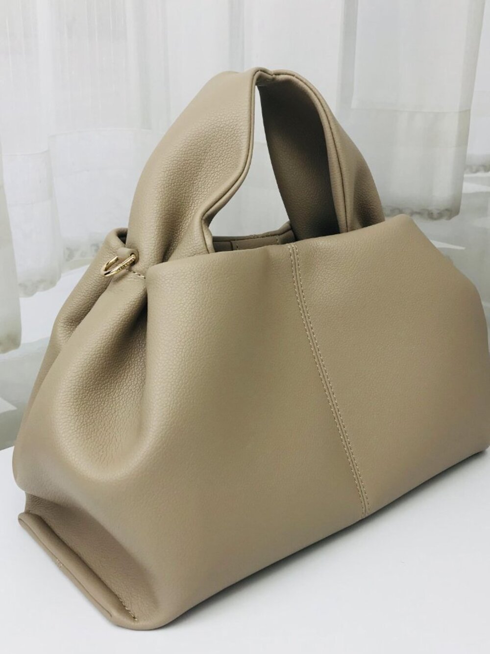 Polene Taupe Pebbled Leather Top-Handle Tote - Picture 3 of 12